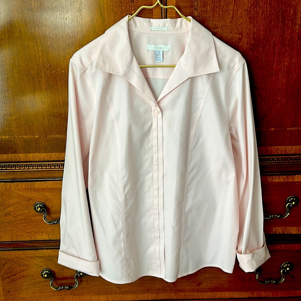 Chico’s no iron dress shirt, pale pink, size 2 (Med/12), like new